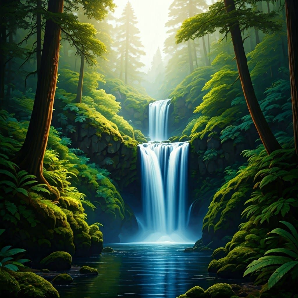 Lush Waterfall Scene with Mossy Rocks