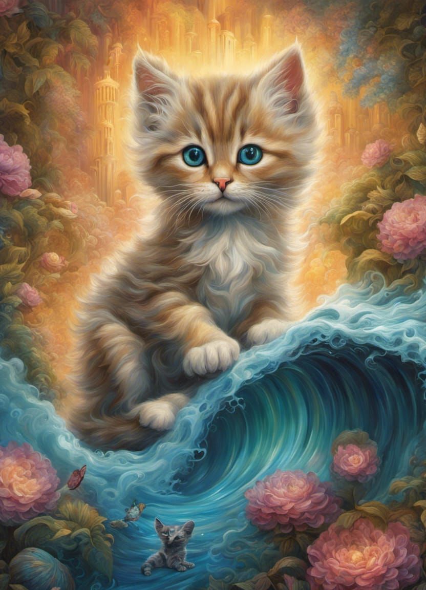 Mystical Kitten Oil Painting with Surreal Details