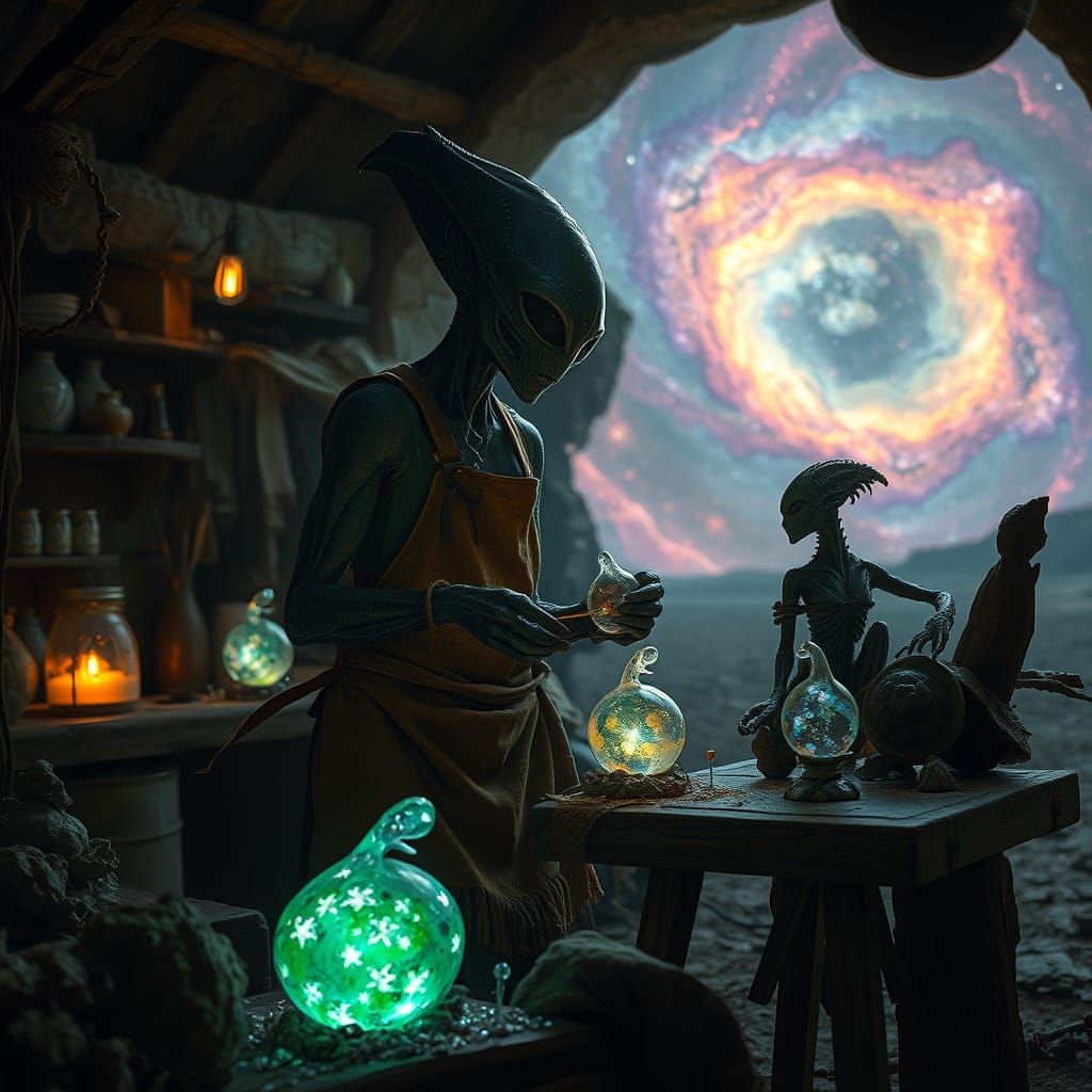 Alien Artisan Crafts Bioluminescent Sculptures in Nebula