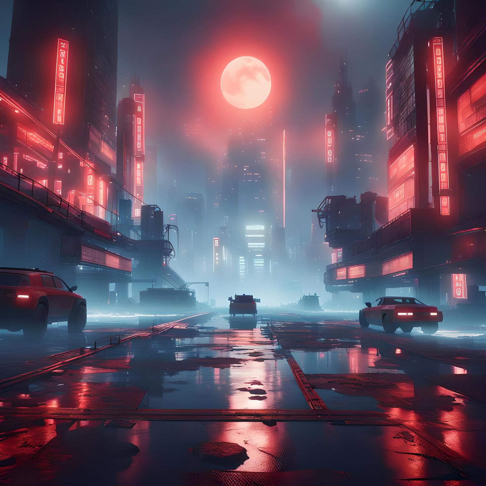 Dystopian Red Landscape in Cyberpunk Style