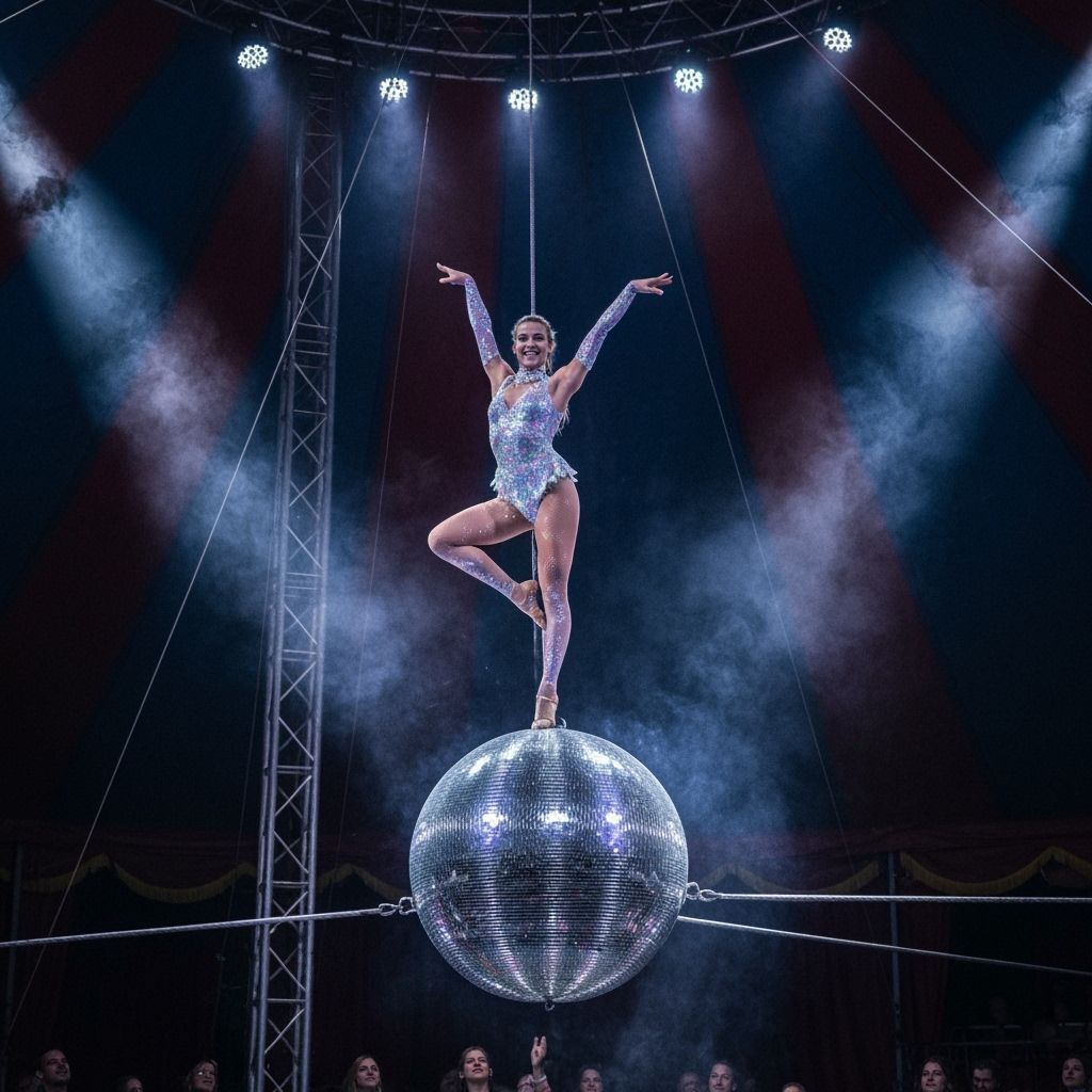 Woman's Dazzling Highwire Circus Act on Disco Ball