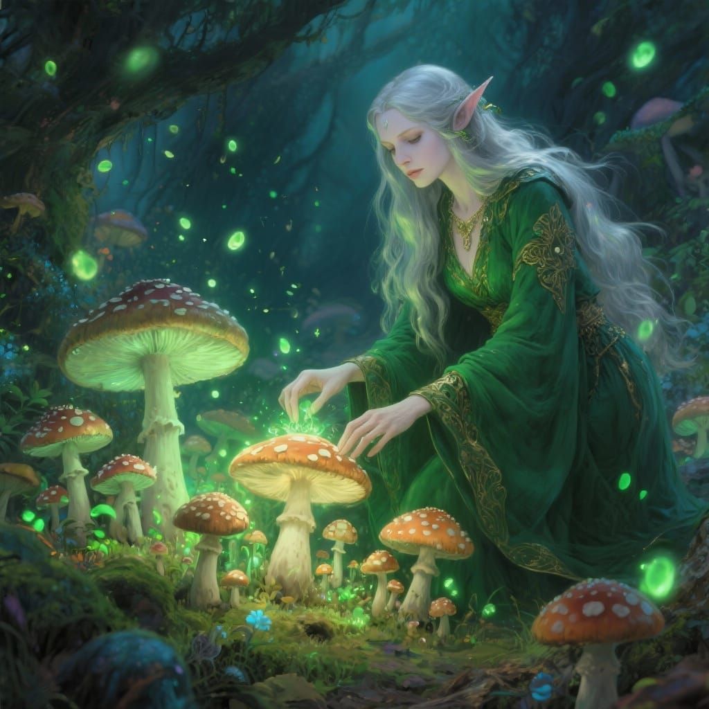 Elven Sorceress Tends Magical Bioluminescent Toadstool Grove