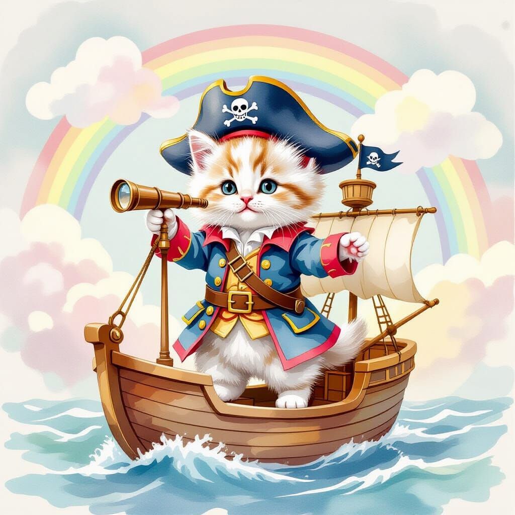 Kitten Pirate Captain on Toy Ship, Watercolor Style