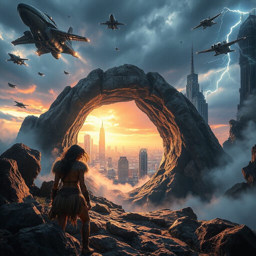 Cavewoman Finds Portal to Futuristic Cityscape