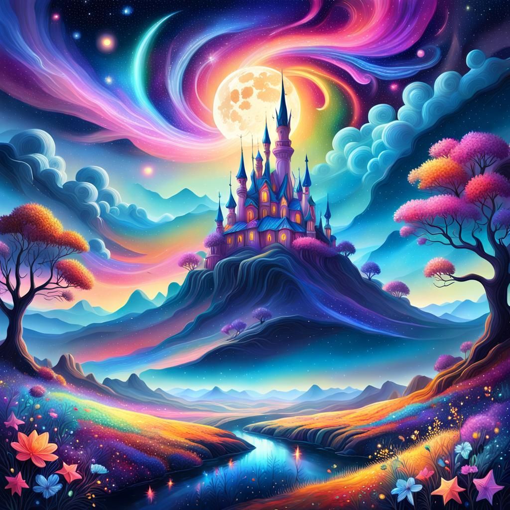 A whimsical dreamscape under a moonlit sky in a distant land, filled with vibrant, swirling colors representing dreams c...
