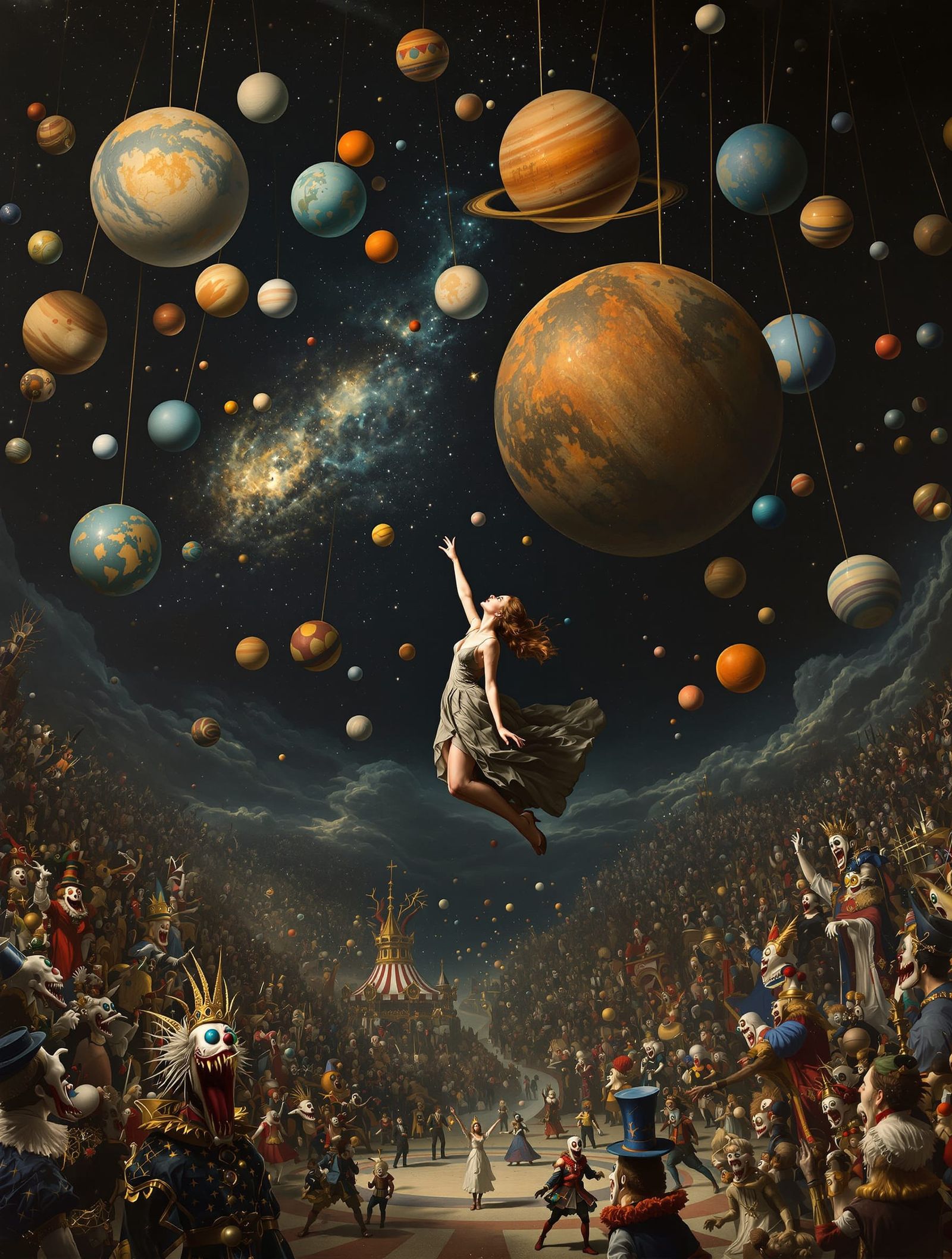 Surreal Cosmic Circus Scene with Woman in Void