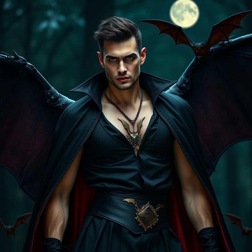 Handsome Vampire with Bat Wings in Night Forest