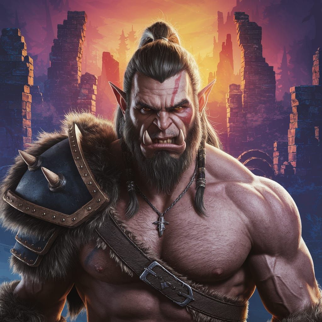 Half-Orc Barbarian Portrait in Mystical Ruins