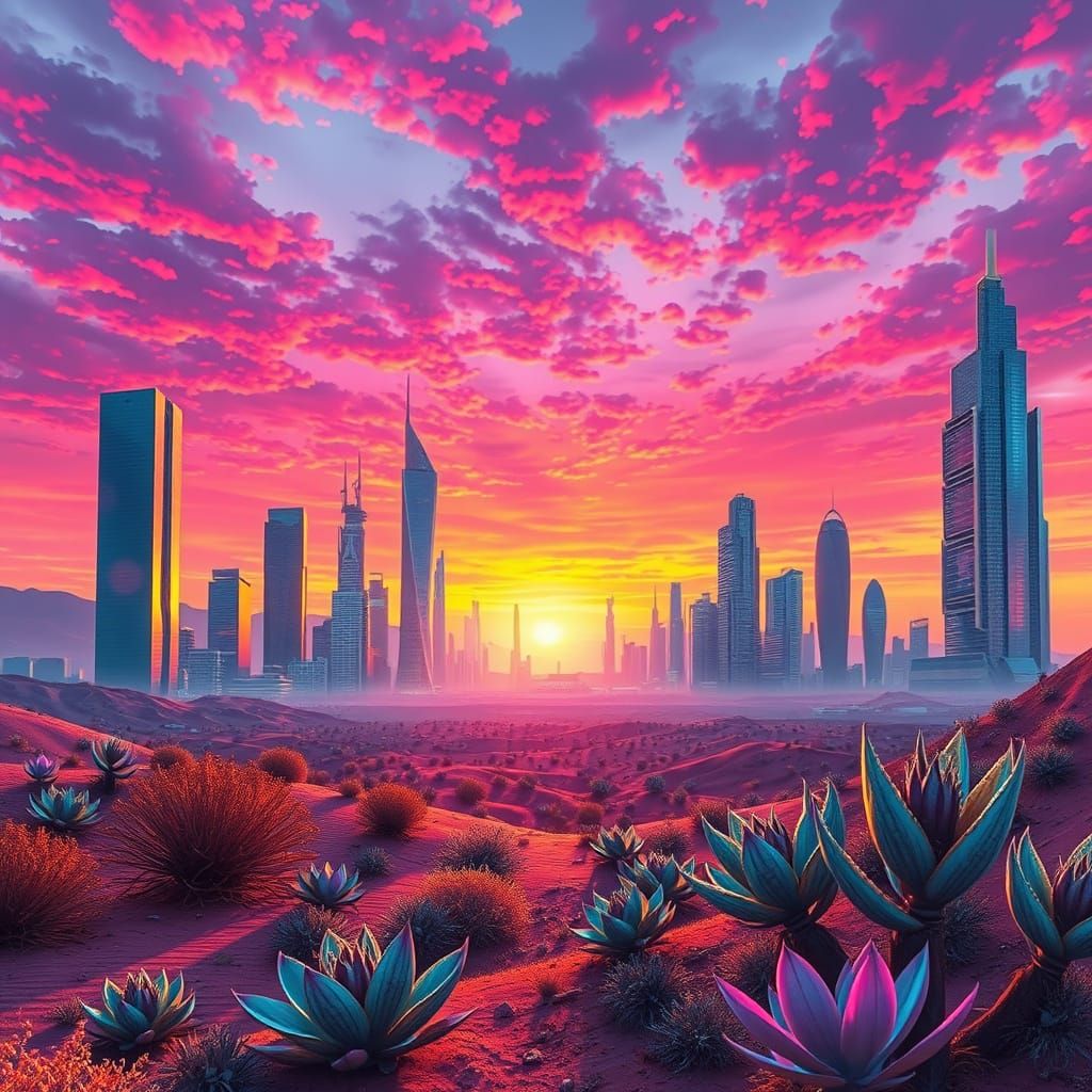 Vibrant Sunset Cityscape on Alien Desert Landscape in Chrome...
