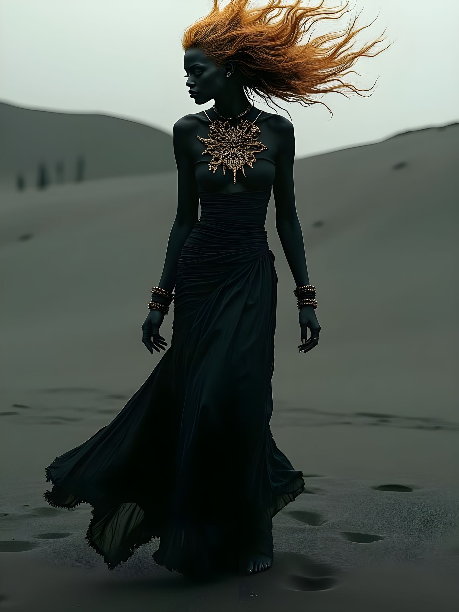 Surrealist Portrait of a Dark Figure with Golden Hair