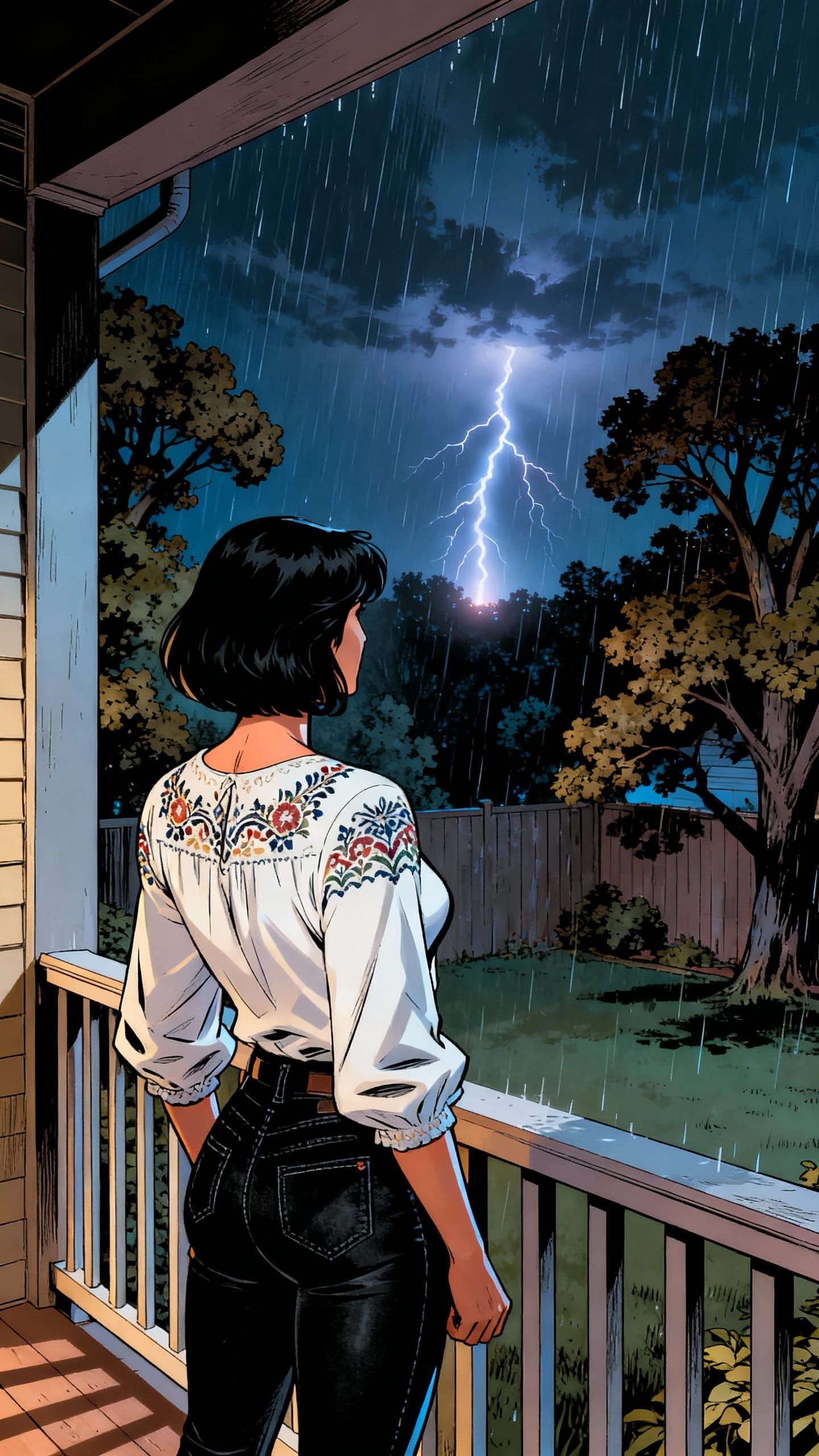 Superhero Woman Watches Lightning Storm on Back Porch