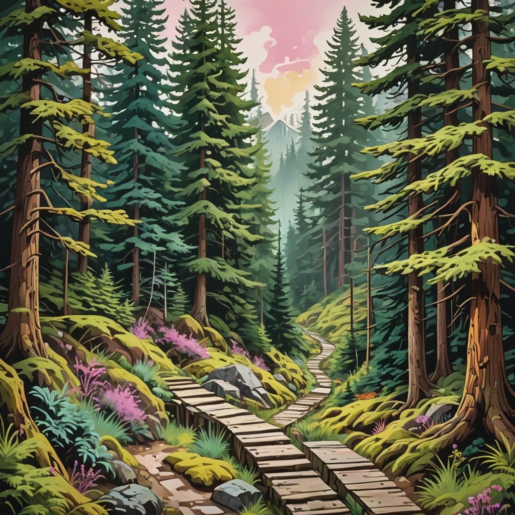 Mountain Forest Path in Colorful Graffiti Art Style