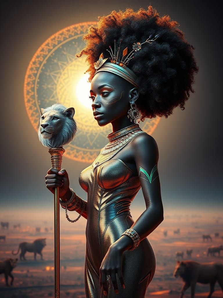 Regal Afro Futurist Queen Radiates Power and Elegance