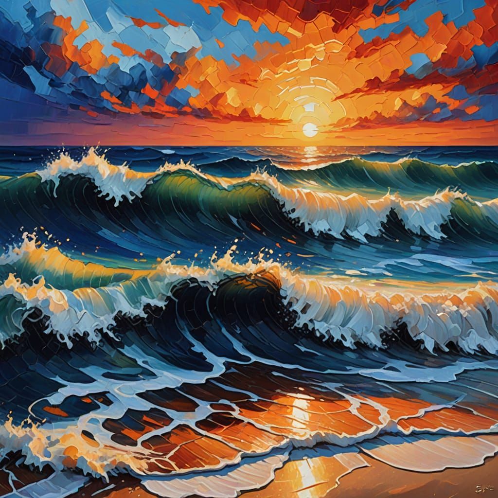 Impasto Oil Painting of Breaking Wave at Fiery Sunset