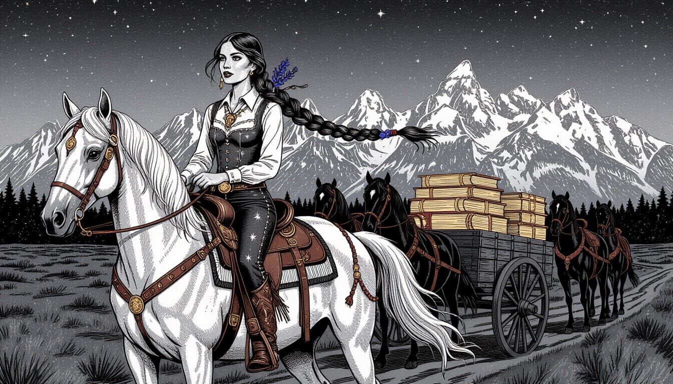Western Cowgirl Accountant on Starlight Horse, Ink Illustrat...