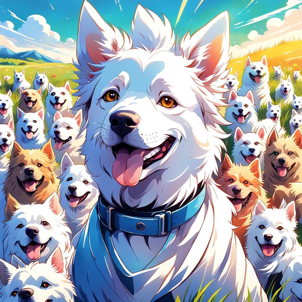 Boy Surrounded by Dogs: Vibrant Anime Art