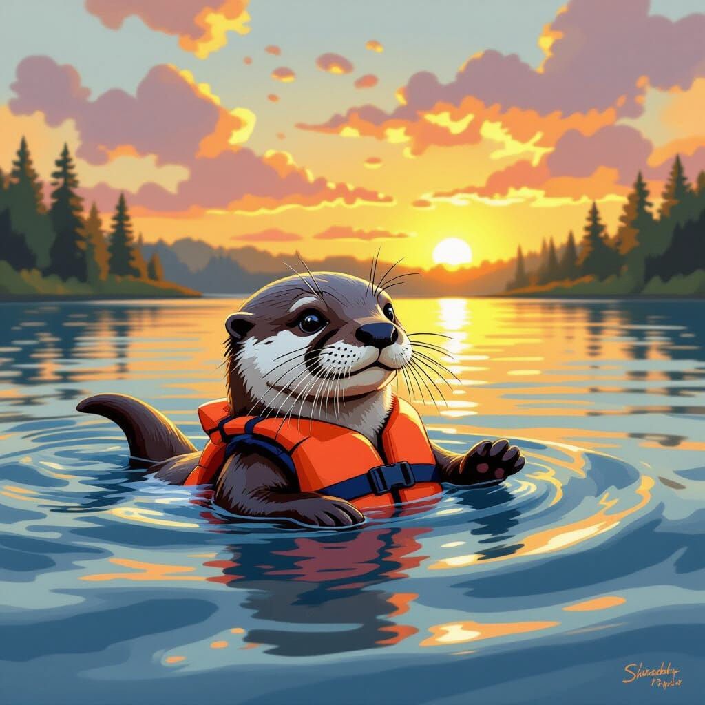 Playful Otter Swimming at Sunset, Expressive Painting