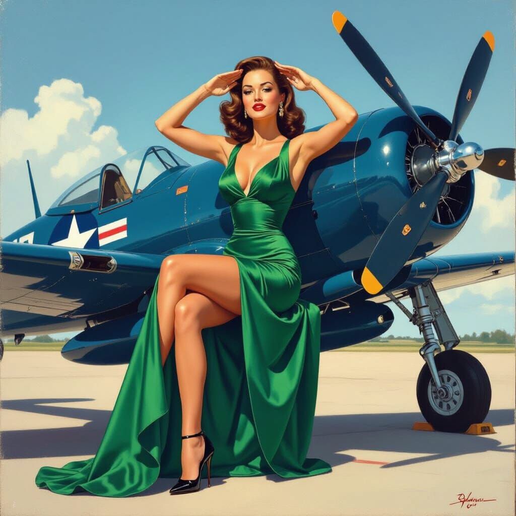 Pinup Pilot Salutes on F4U Corsair Wing in Oil Painting Styl...