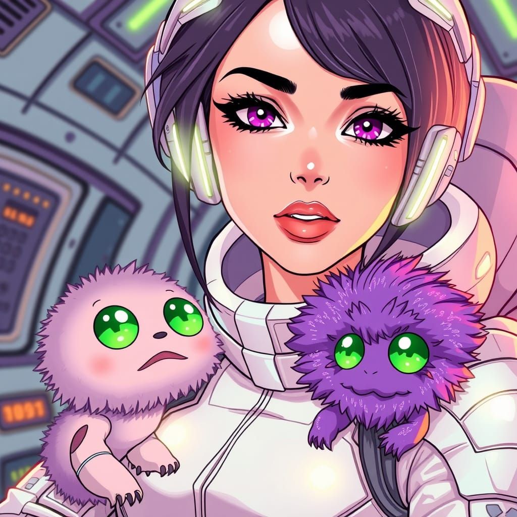 Cyberpunk Anime Goddess with Whimsical Companion