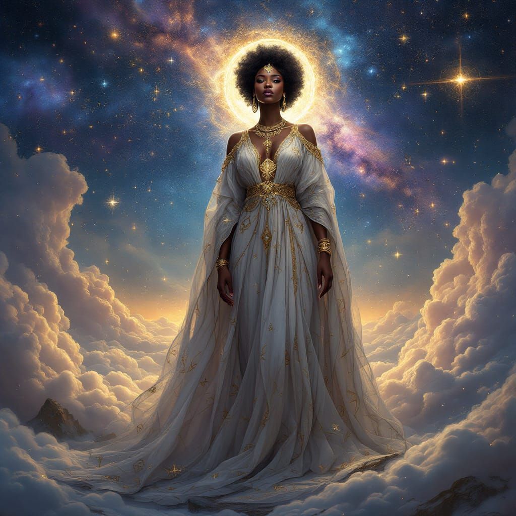 African Queen on Floating Island in Cosmic Nebula