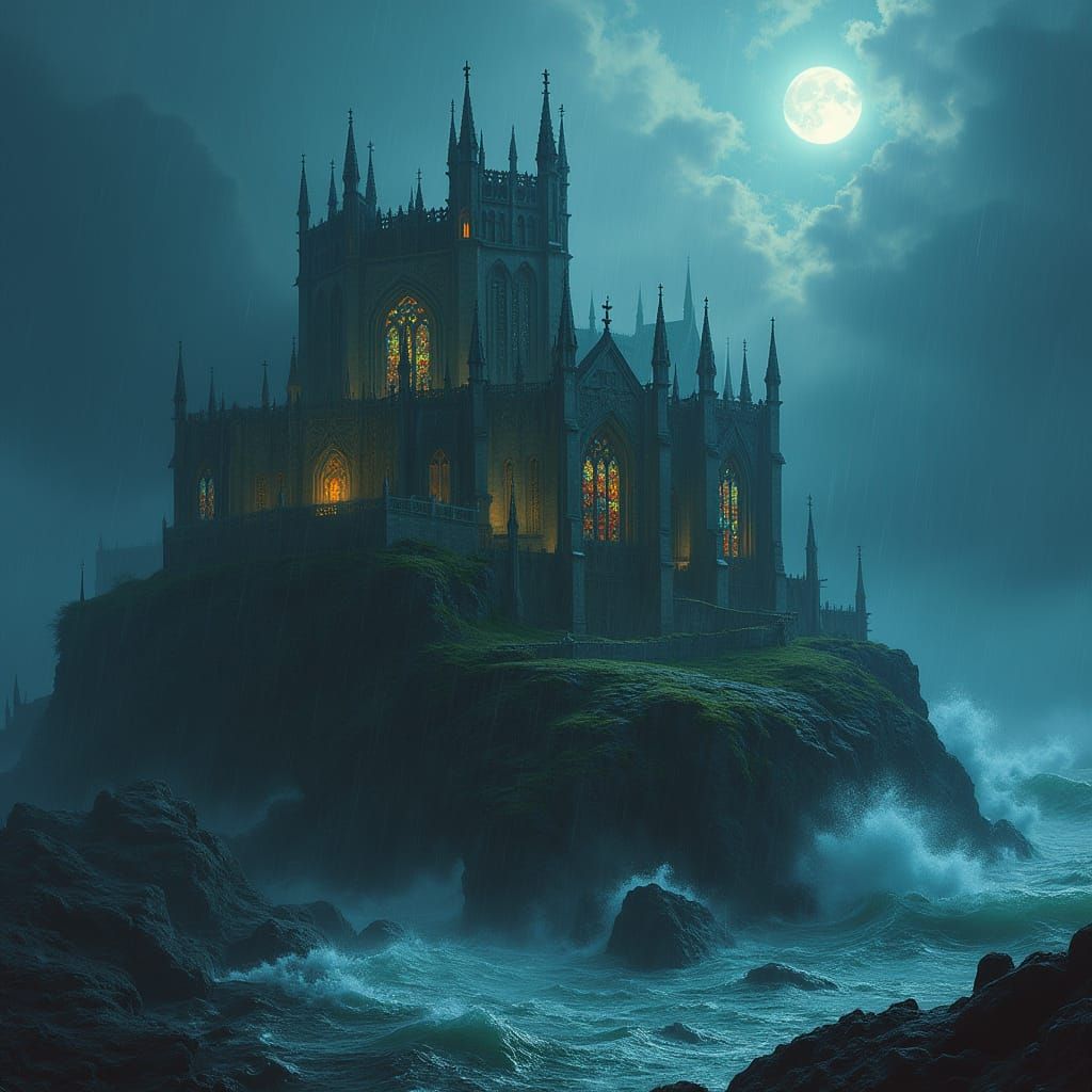 Gothic Cathedral on Rocky Promontory, Ethereal Light