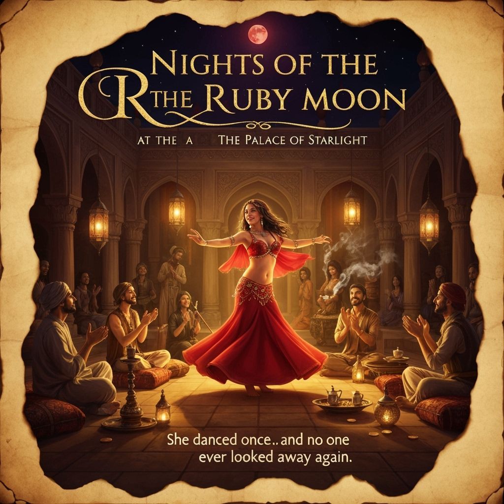 Belly Dancer in Golden Palace Courtyard Under Ruby Moon