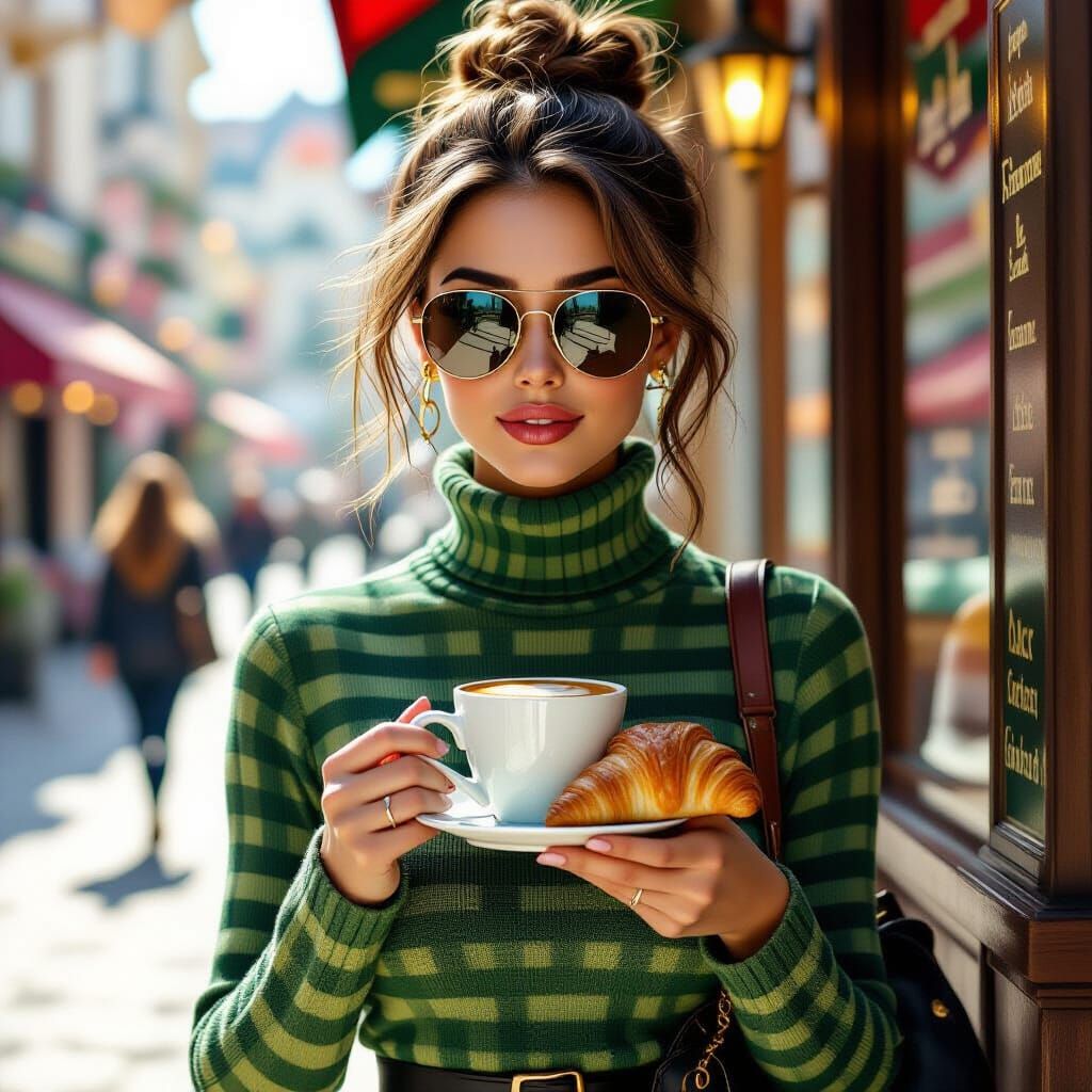 Woman with Coffee and Croissant, Fantasy Concept Art