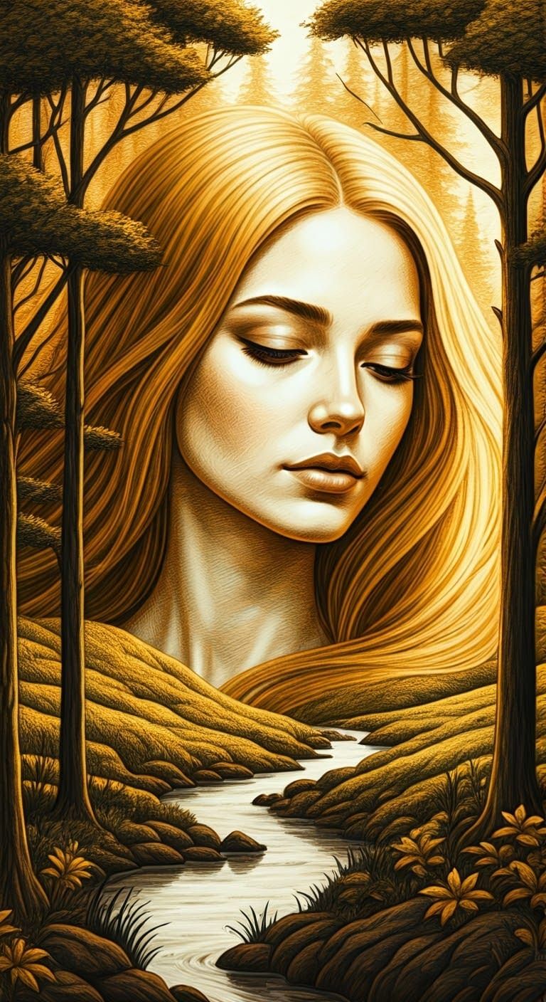 Woman in Golden Pencil Art Surrounded by Nature