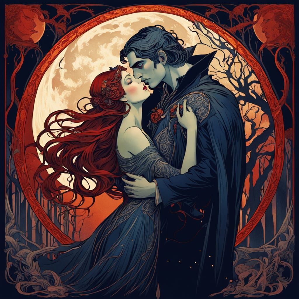 Romantic Vampire Couple Under Blood Moon in Art Nouveau