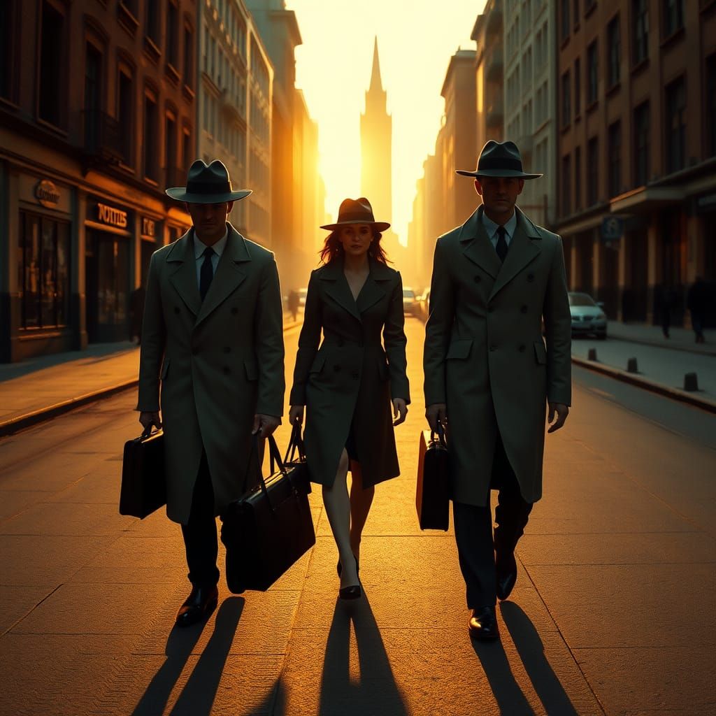 Ominous Cityscape with Shadowy Figures