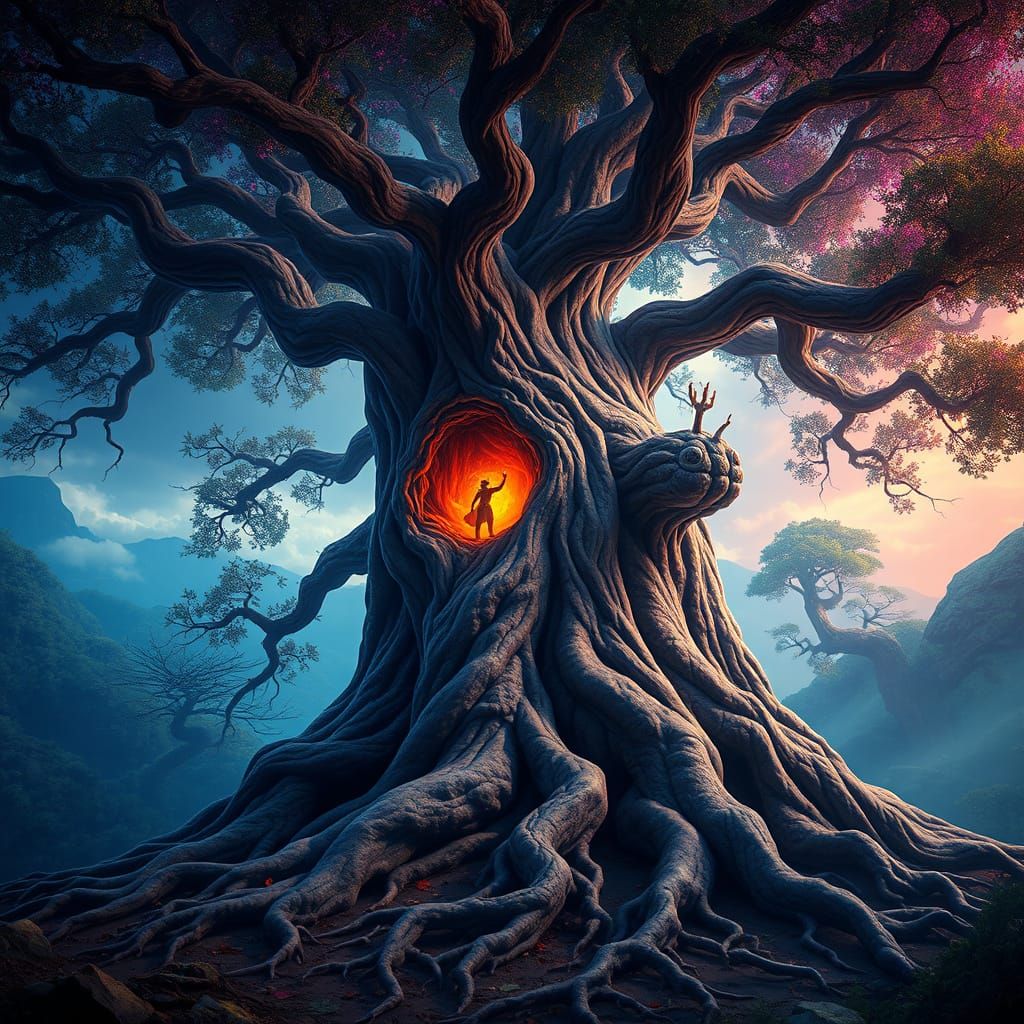Ancient Tree in Vibrant Fantasy Landscape