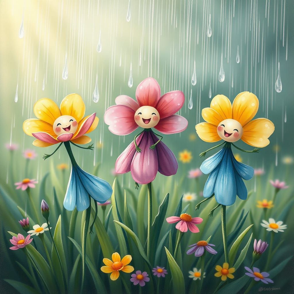 Whimsical Flower Dancers in a Rainy Meadow