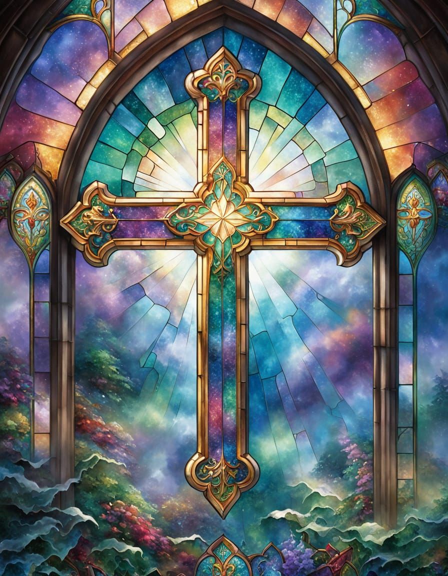 Stained Glass Cross Window in Ethereal Mist