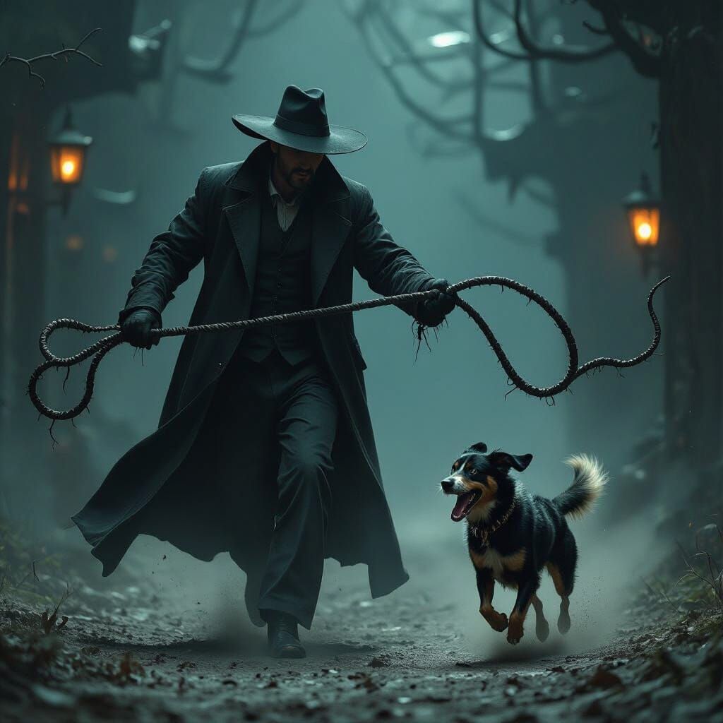 Tentacle Whip Man Chasing Dog in Surreal Style
