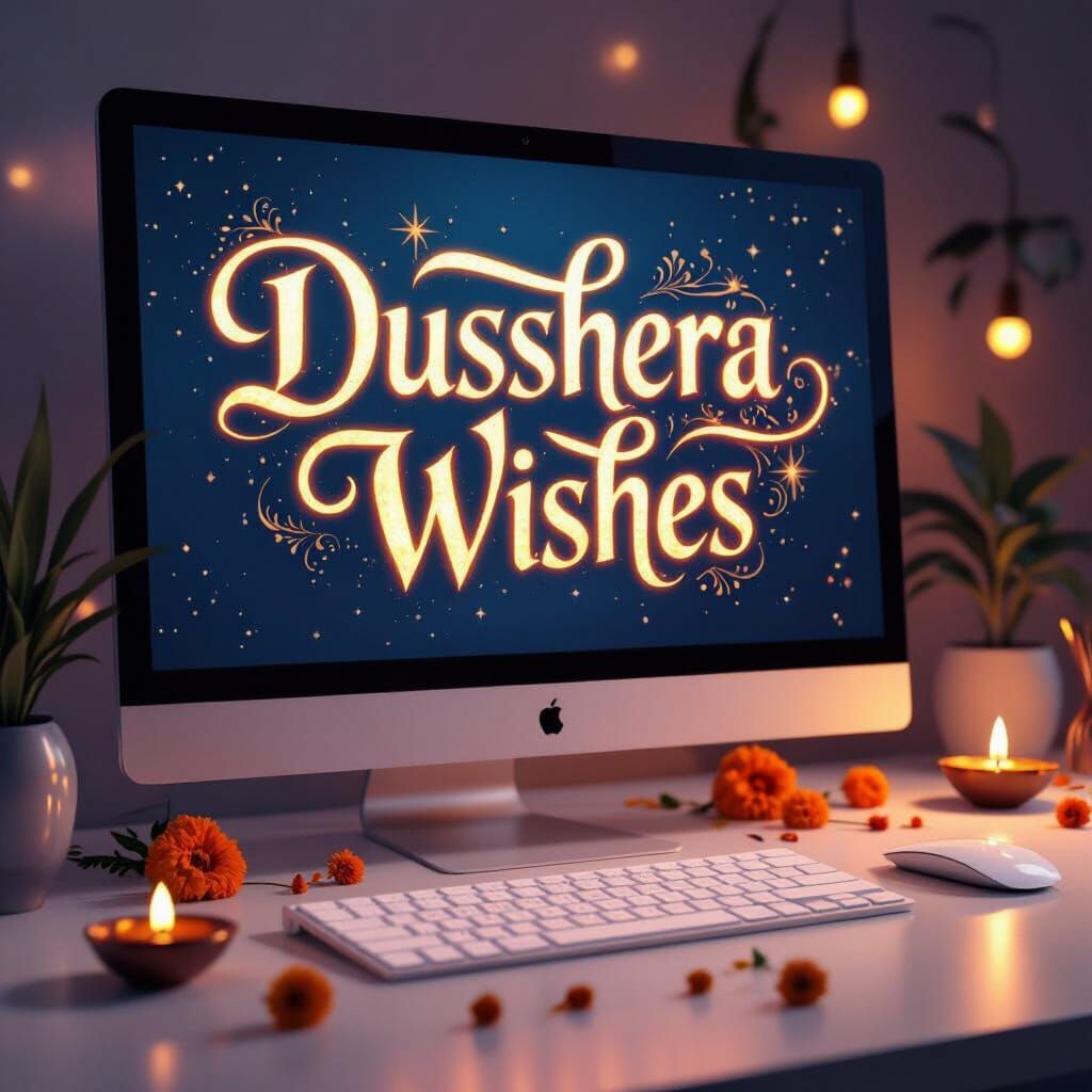 Modern Desktop Displaying Dusshera Wishes in Glowing Calligr...