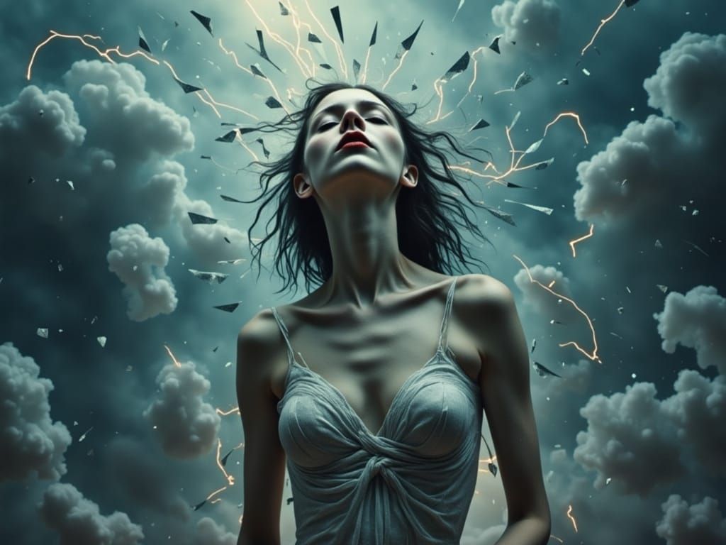 Ethereal Woman Shrouded in Shattered Glass and Lightning