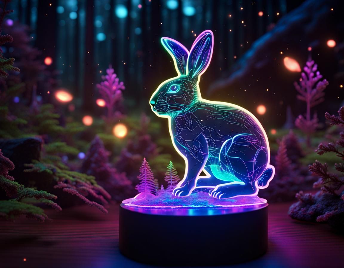 Rabbit Hologram in Bioluminescent Forest, Sci-Fi Art
