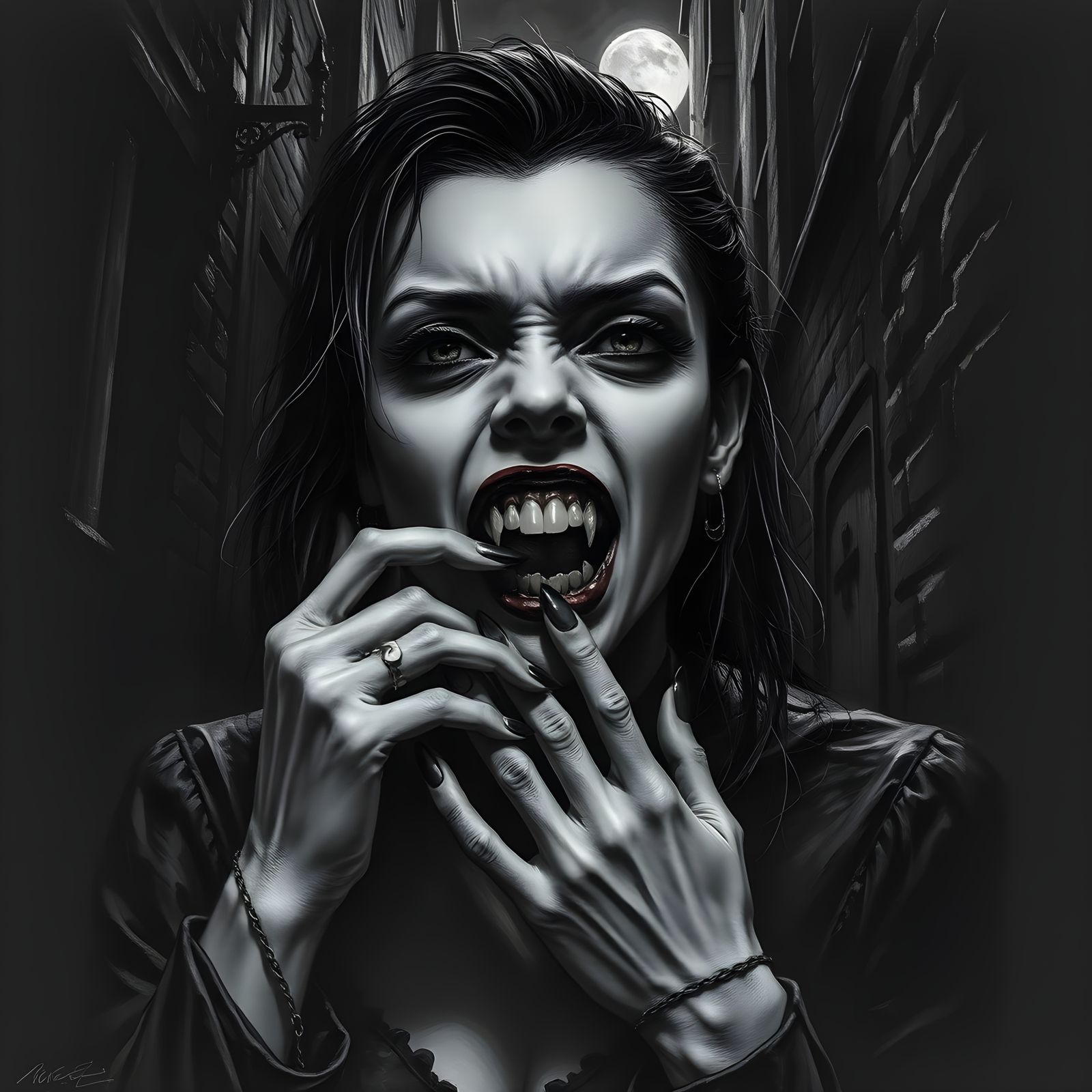 Vampire Woman in Dark Alley, Hyperdetailed Charcoal Drawing