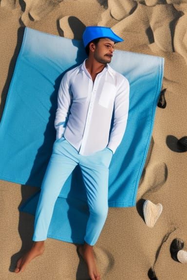 Man in Elaborate Hat Relaxes on Beach Towel