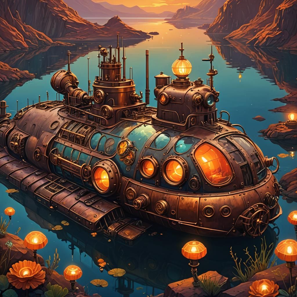 Steampunk Nautilus Submarine in Crater Lake