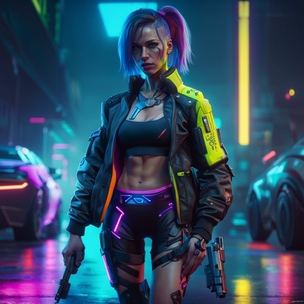 Cyberpunk Girl with Firearm in Neon City