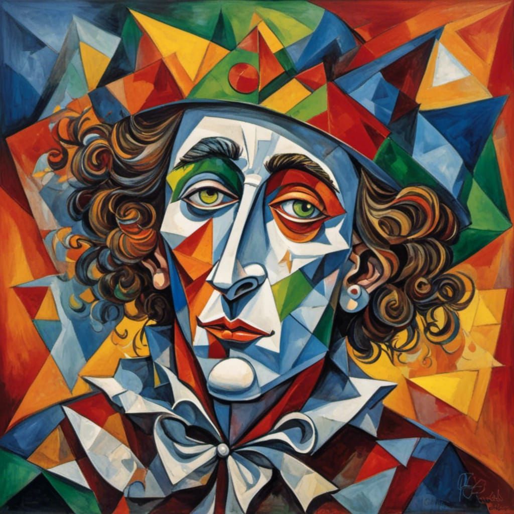 Sad Harlequin Jester Portrait in Cubist Style