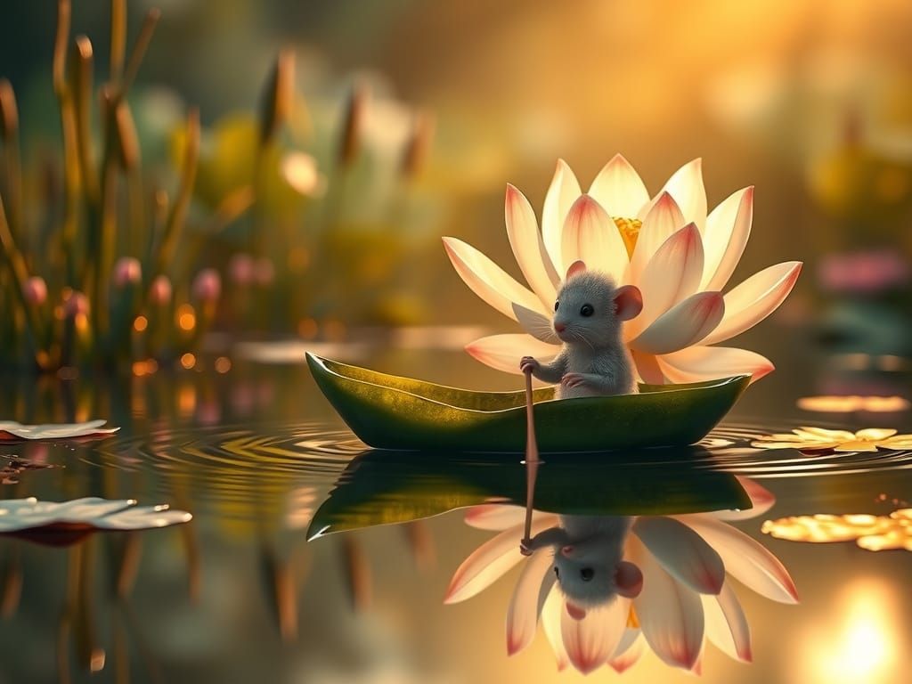 Mouse in Leaf Boat on Lotus Lake