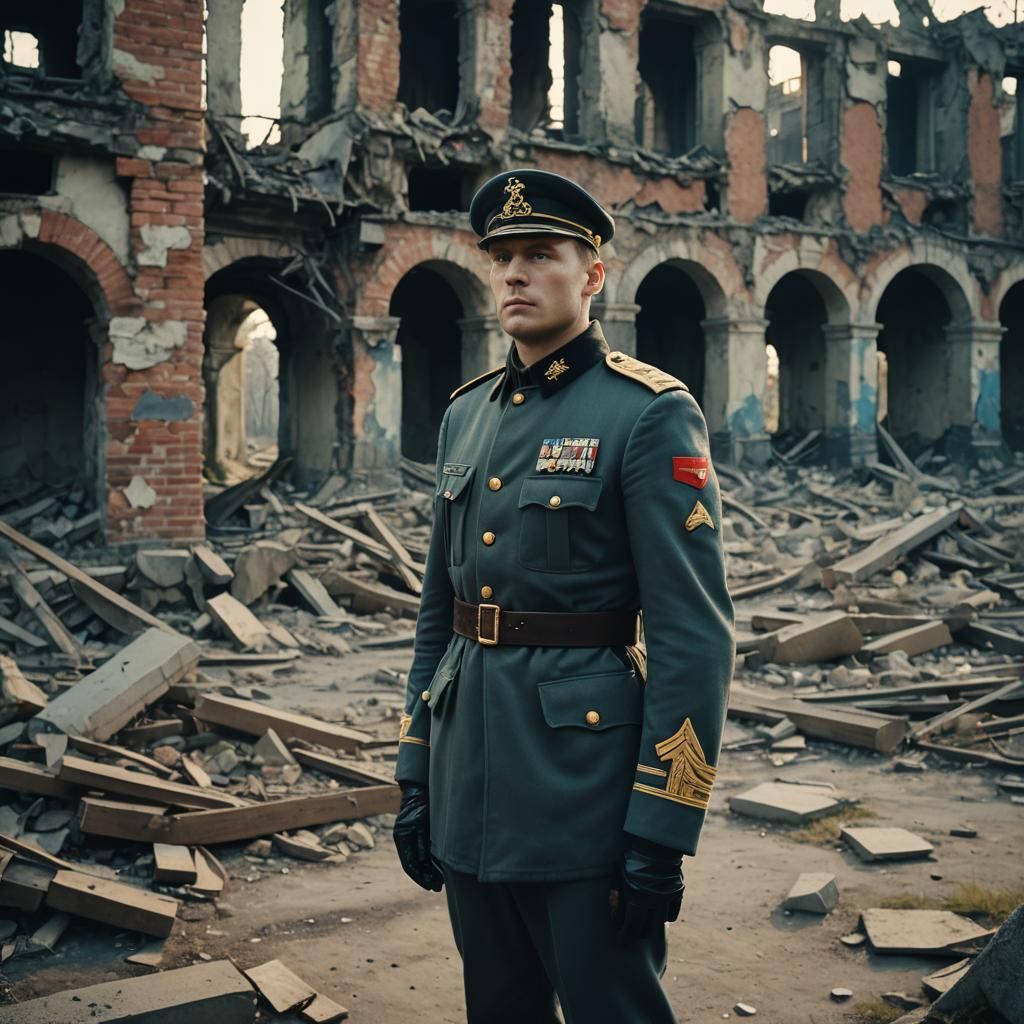 Baltic-Scandinavian Soldier in Ruined Kaliningrad, Cinematic...