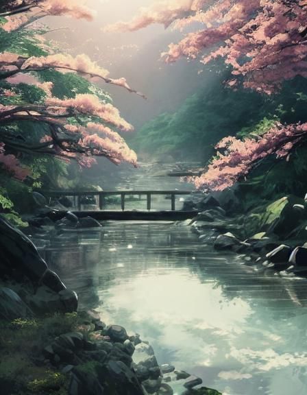 Sakura Tree Blooms in Japanese Watercolor Style
