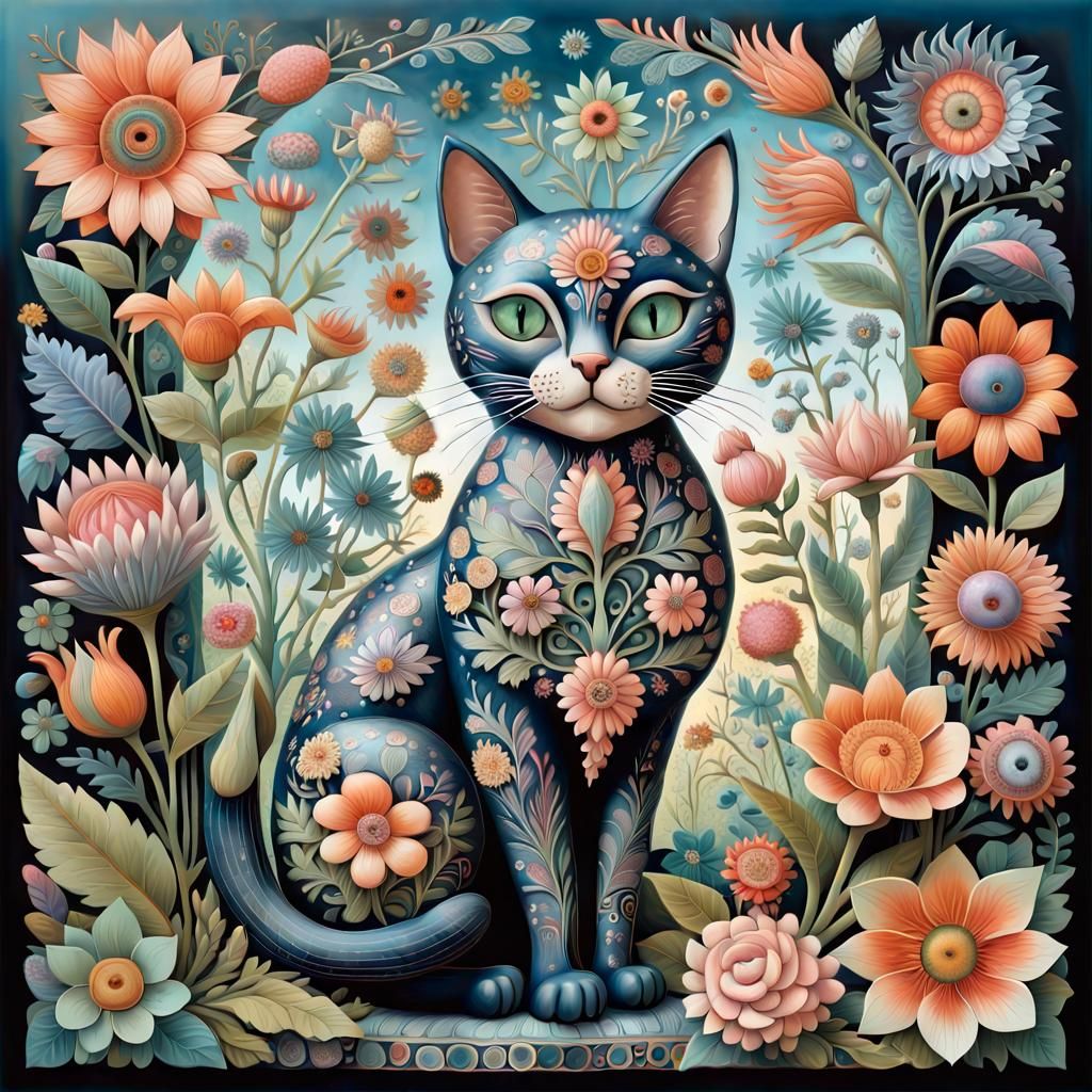 Whimsical Floral Cat in Folk Art Style