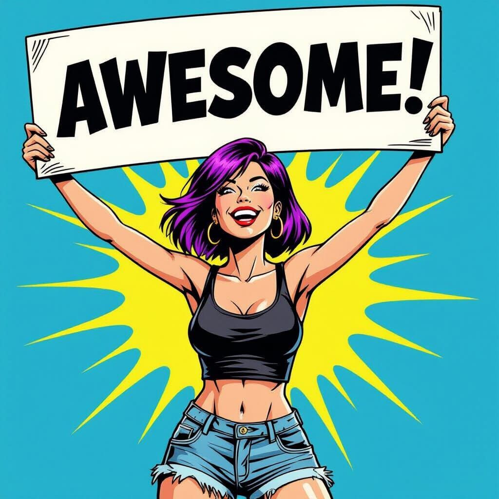 Woman with Purple Hair Holds 'Awesome!' Sign in Comic Style