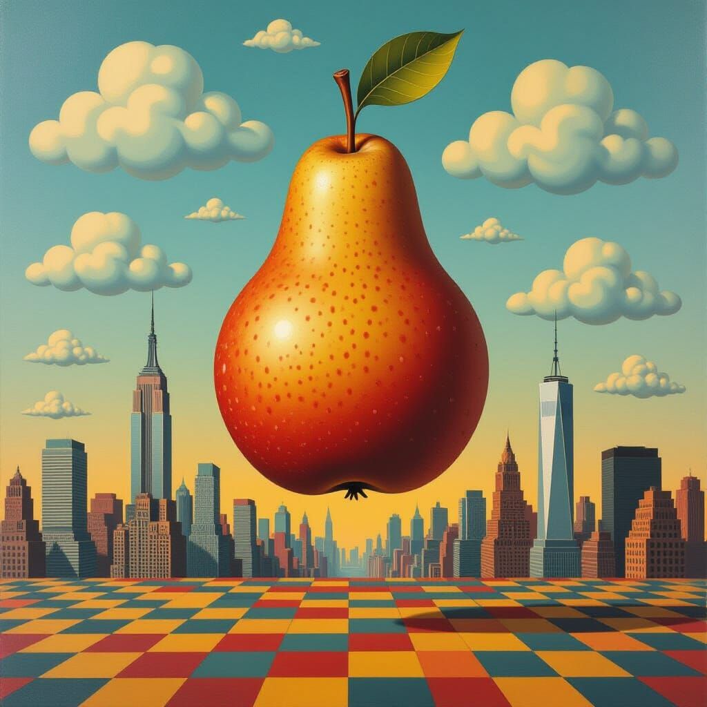 Surreal NYC Skyline with Giant Floating Pear