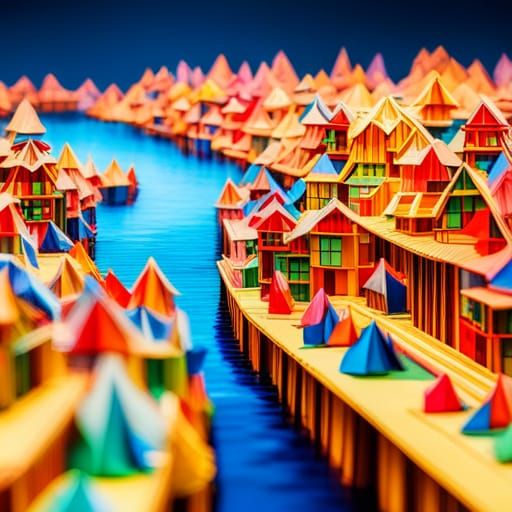 Origami Harbor Scene with Japanese Town