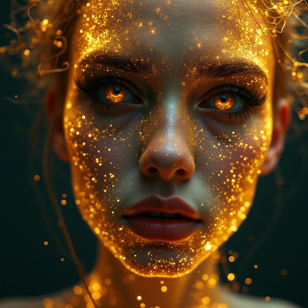 Chaotic Portrait in Neonpunk Style with Gold Accents